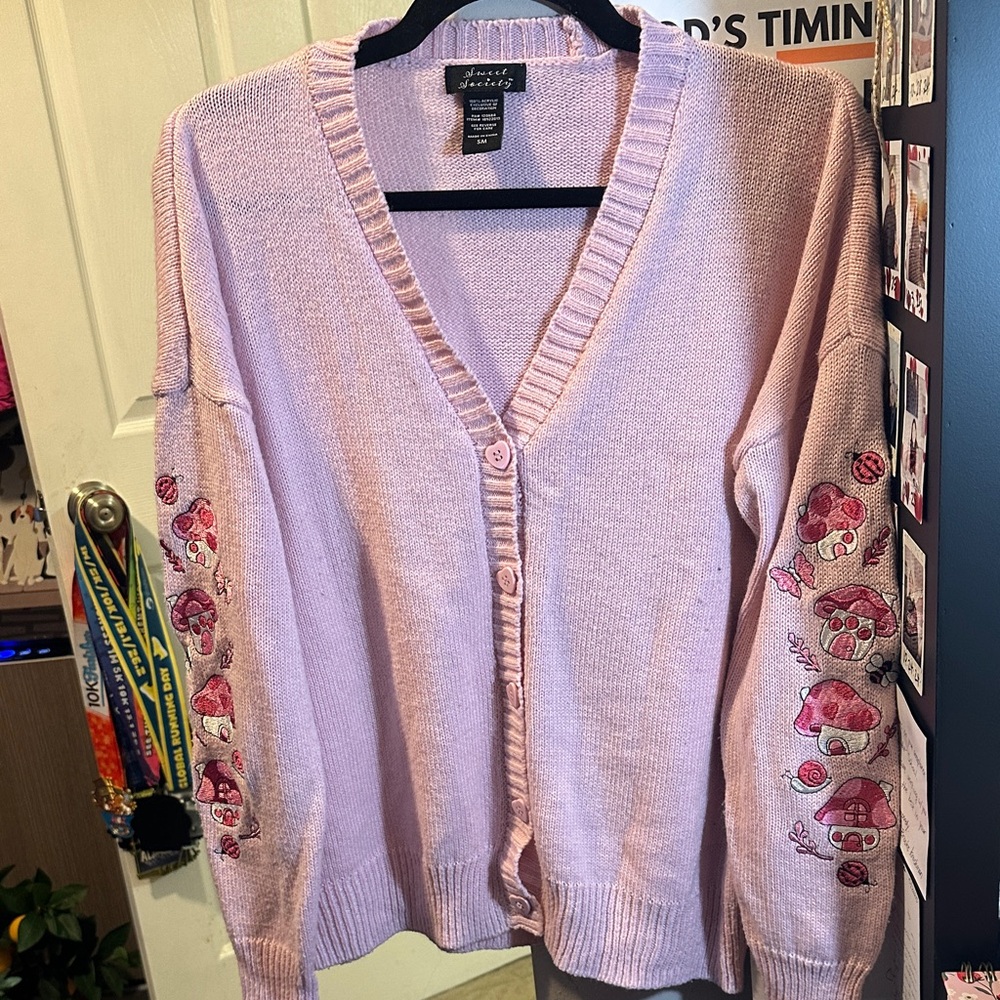 Pink Cardigan with Mushroom Embroidery Floral Cardigan